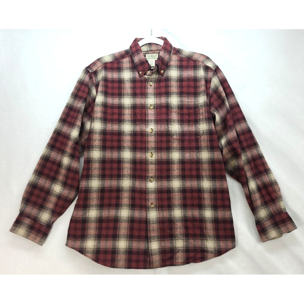 LL Bean Mens Med Button Down Flannel Shirt Red Ivory Plaid Sz Med‎